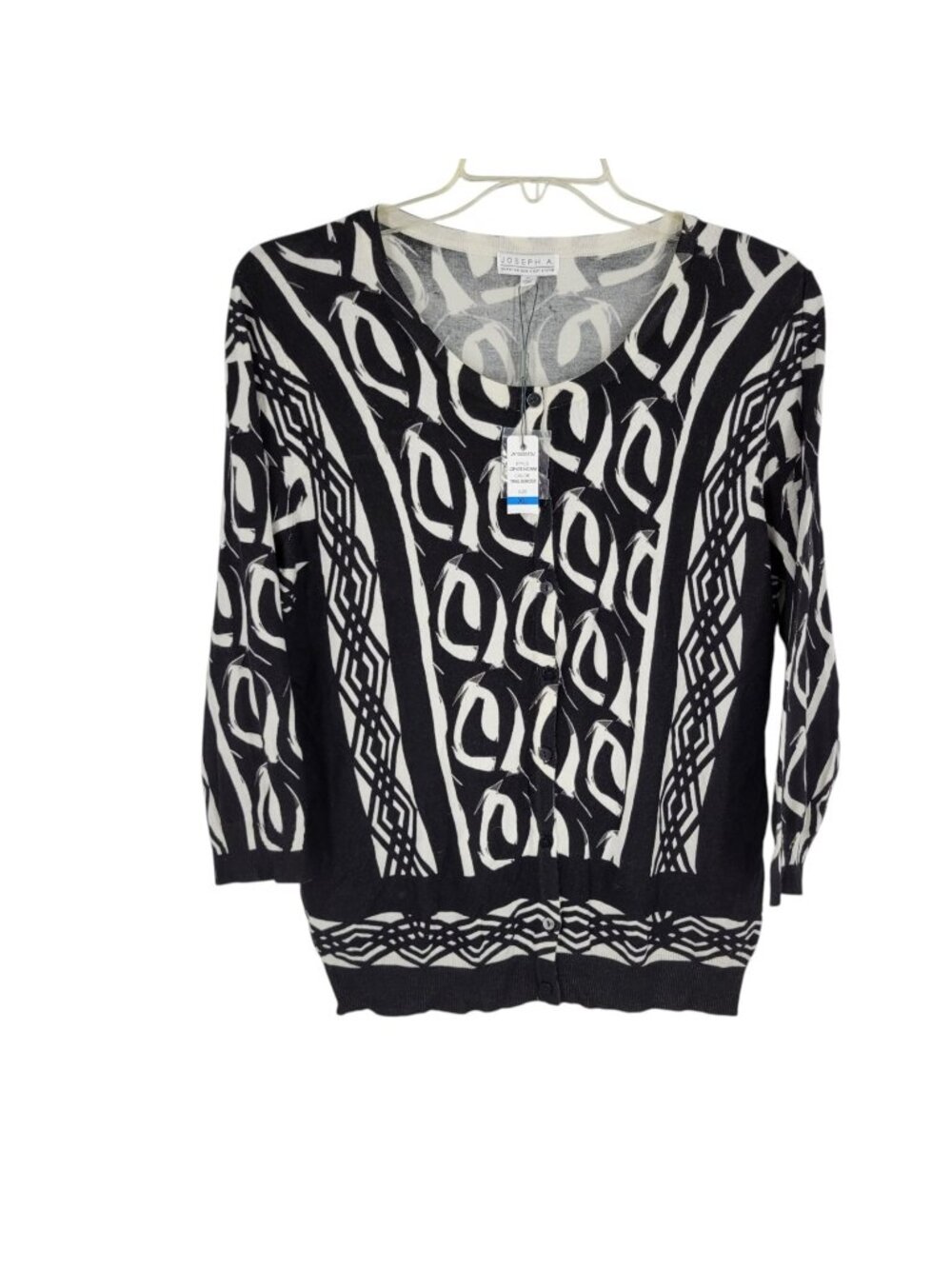 Joseph A Cardigan XL Black White Abstract Geometric Rayon Knit Artsy Modern